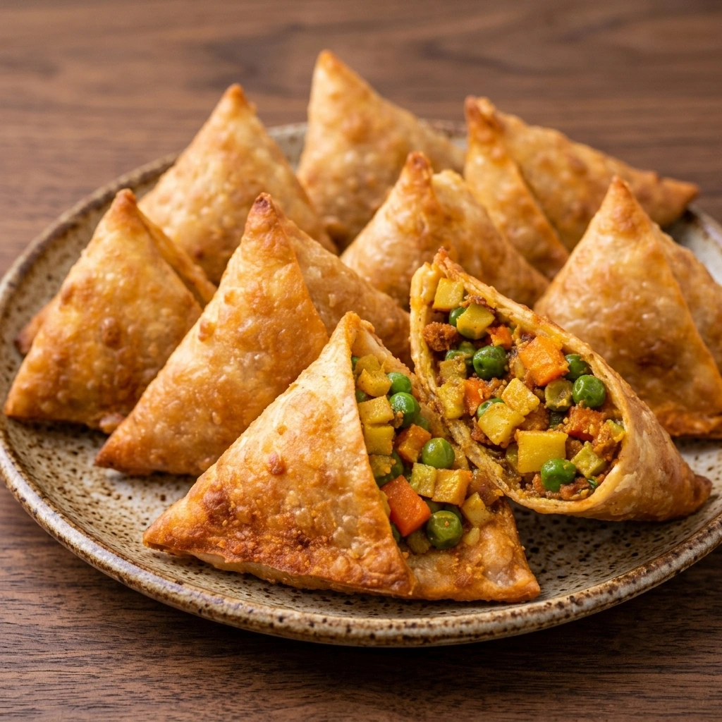 Crispy Vegetable Samosas with tamarind chutney at Taste of India Express in Sherwood Park